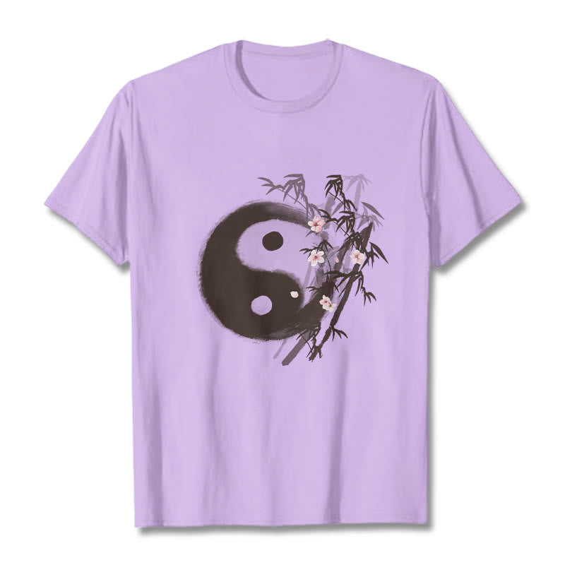 Buddha Stones Maglietta con motivo Yin Yang di bambù e fiori di ciliegio - Prugna - 2XL - image 15