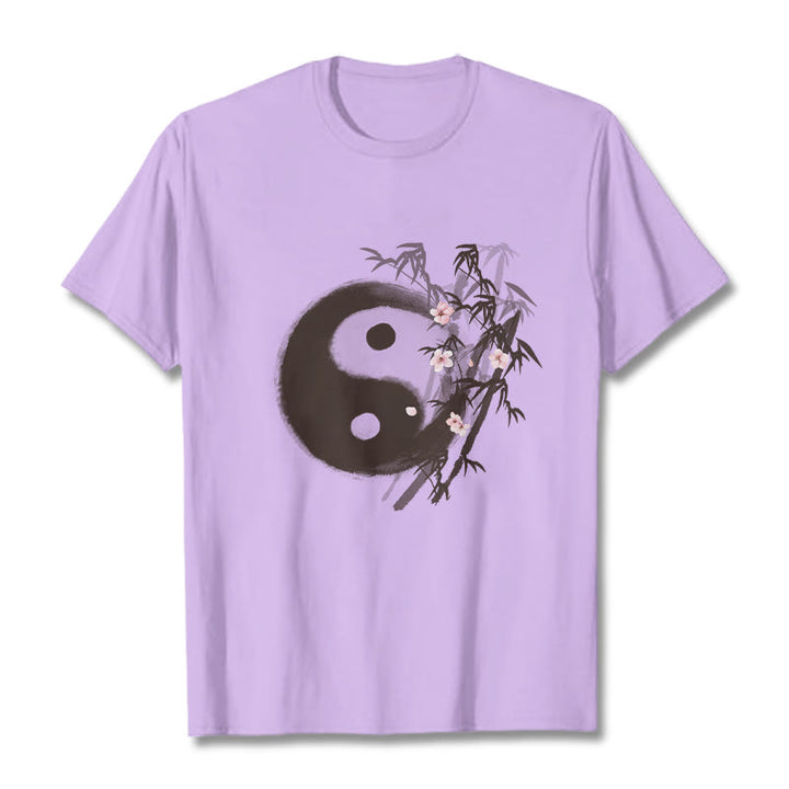Buddha Stones Maglietta con motivo Yin Yang di bambù e fiori di ciliegio - Prugna - 2XL - image 15