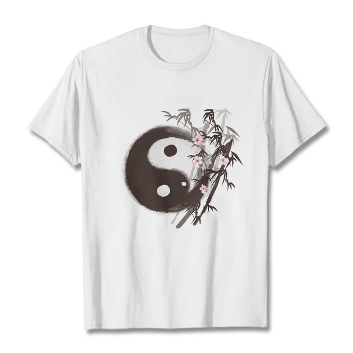 Buddha Stones Maglietta con motivo Yin Yang di bambù e fiori di ciliegio - Bianco - 2XL - image 0