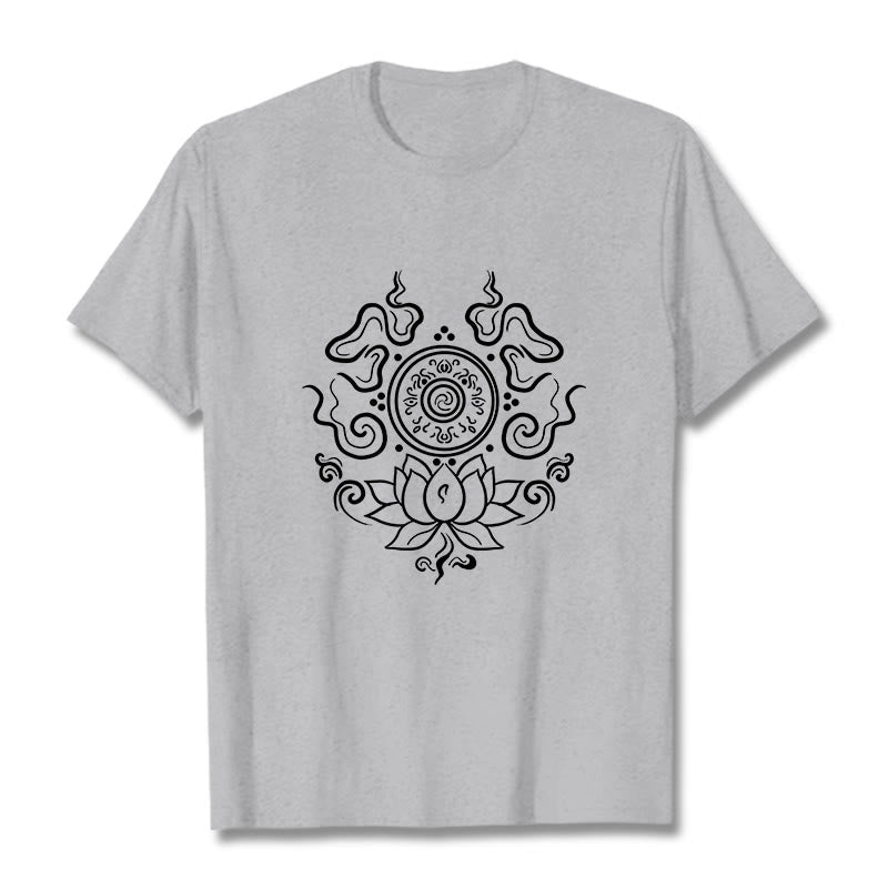 Maglietta con motivo a fiore di loto e ruota del Dharma Buddha Stones - Grigio chiaro - 2XL - image 20