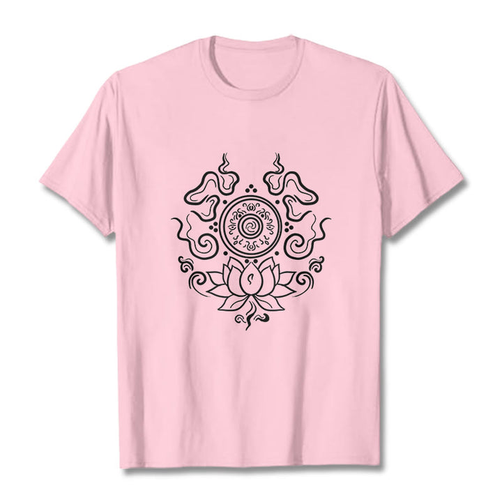 Maglietta con motivo a fiore di loto e ruota del Dharma Buddha Stones - Rosa chiaro - 2XL - image 13