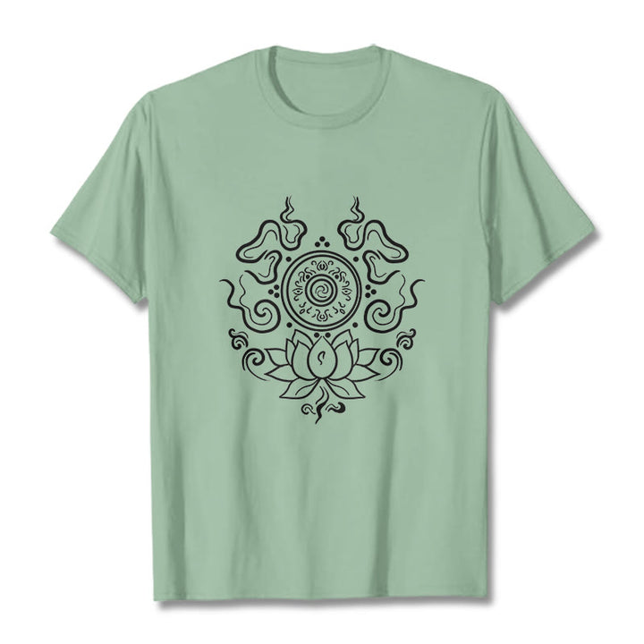 Maglietta con motivo a fiore di loto e ruota del Dharma Buddha Stones - Verde pallido - 2XL - image 15