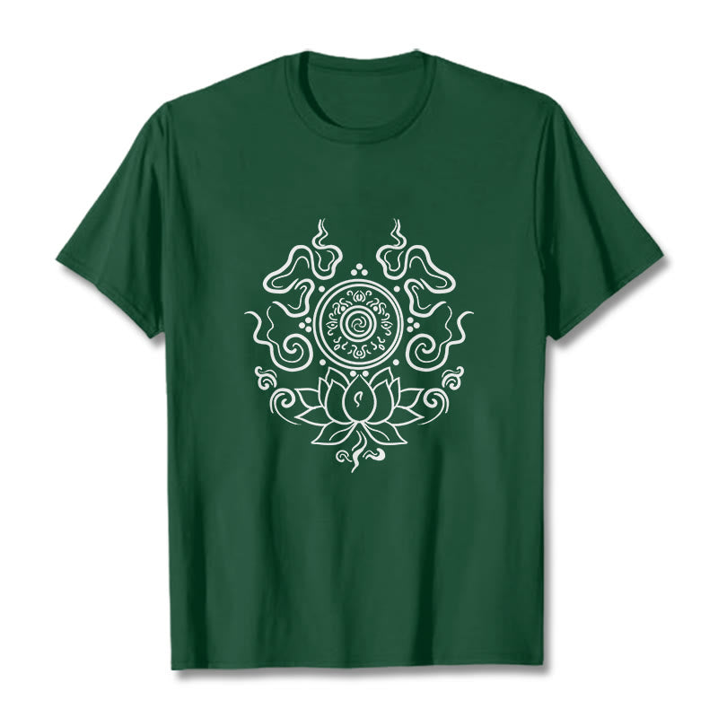 Maglietta con motivo a fiore di loto e ruota del Dharma Buddha Stones - Verde foresta - 2XL - image 11