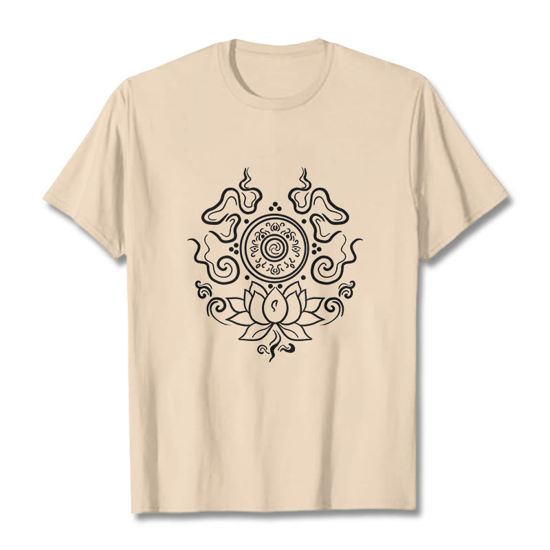 Maglietta con motivo a fiore di loto e ruota del Dharma Buddha Stones - Biscotto - 2XL - image 1