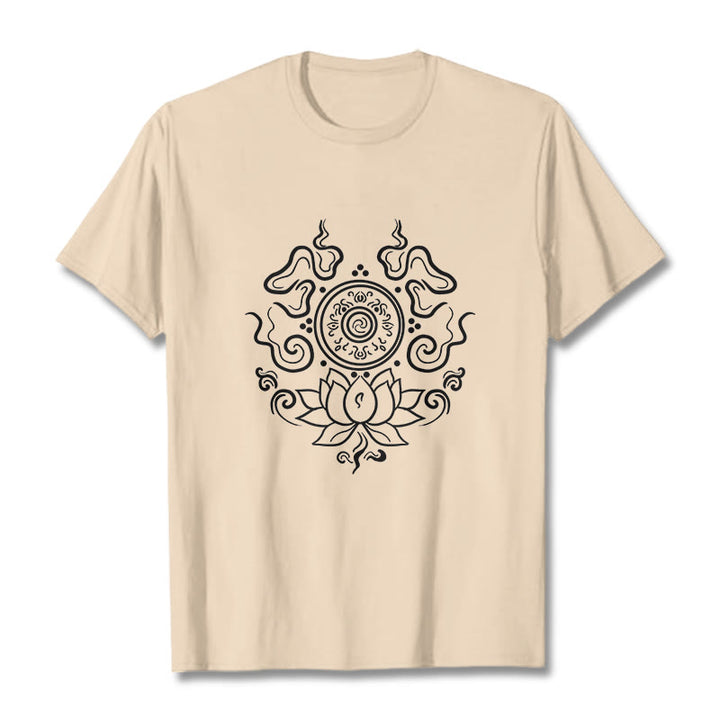 Maglietta con motivo a fiore di loto e ruota del Dharma Buddha Stones - Biscotto - 2XL - image 1