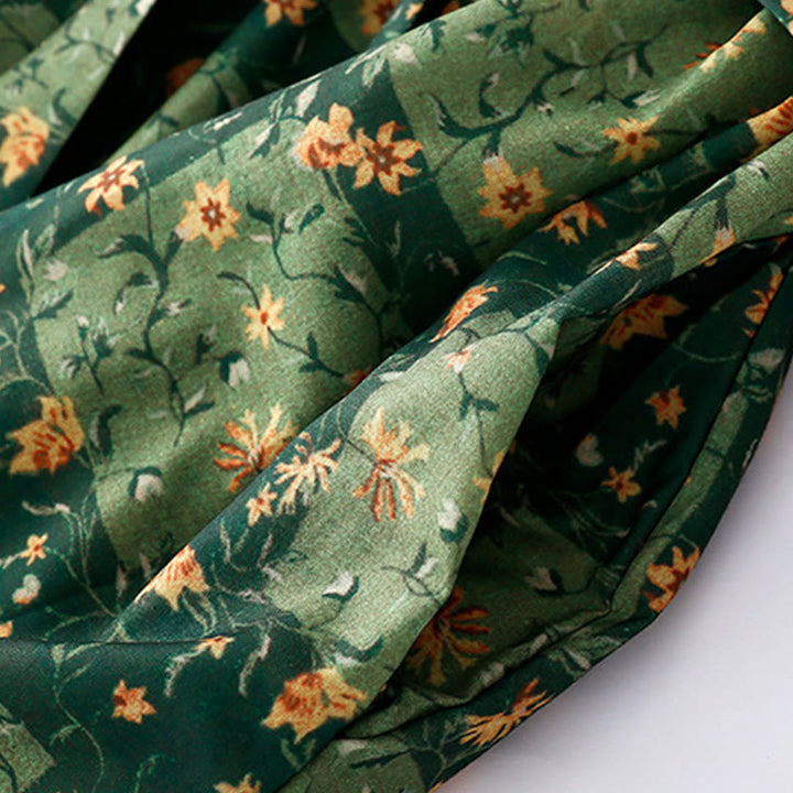 Abito midi in lino e cotone con maniche corte, scollo a V, stampa floreale primaverile Buddha Stones e tasche - image 11