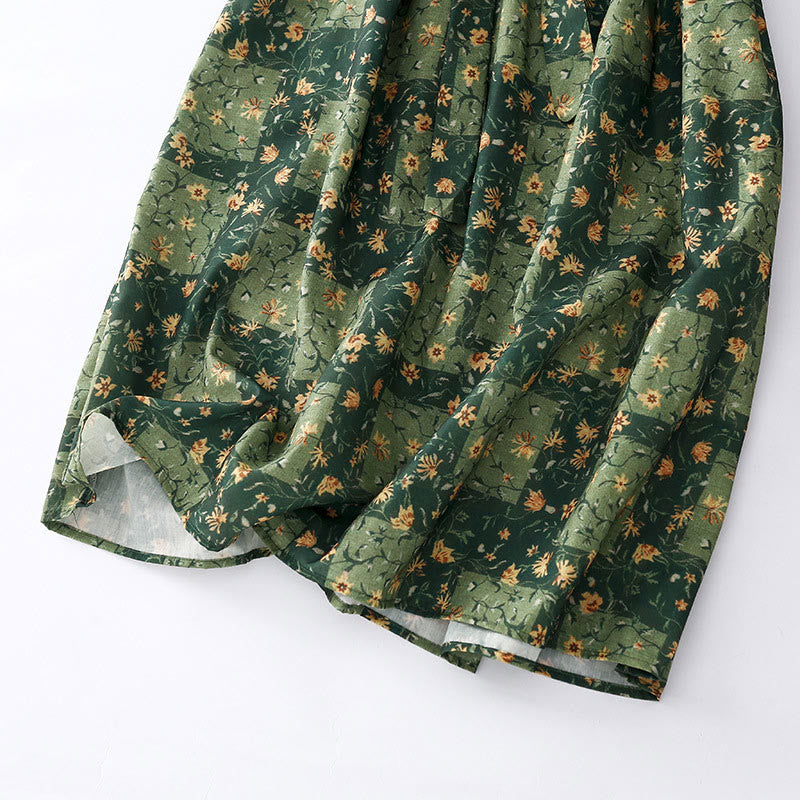 Abito midi in lino e cotone con maniche corte, scollo a V, stampa floreale primaverile Buddha Stones e tasche - image 15
