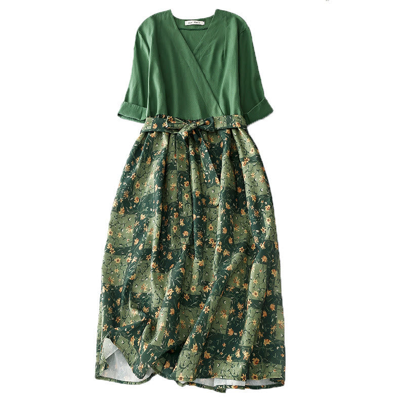 Abito midi in lino e cotone con maniche corte, scollo a V, stampa floreale primaverile Buddha Stones e tasche - Verde - US8-10, UK/AU12-14, EU40-42 (2XL) - image 1
