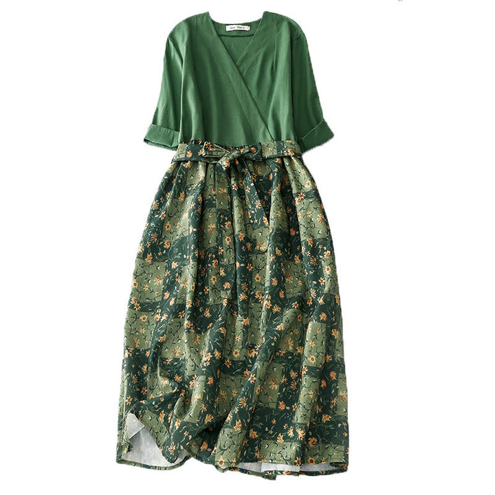 Abito midi in lino e cotone con maniche corte, scollo a V, stampa floreale primaverile Buddha Stones e tasche - Verde - US8-10, UK/AU12-14, EU40-42 (2XL) - image 1