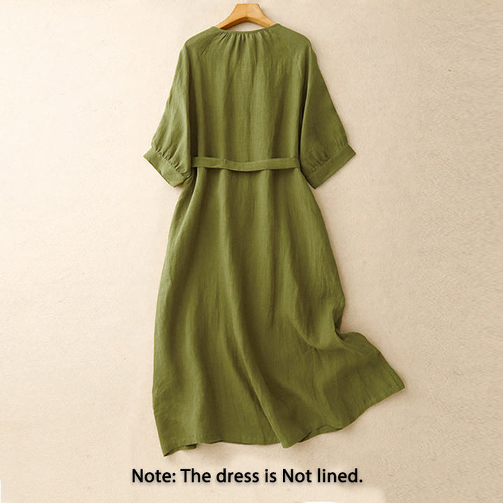 Buddha Stones Abito midi in cotone e lino con maniche corte e lacci, semplice e primaverile - image 1