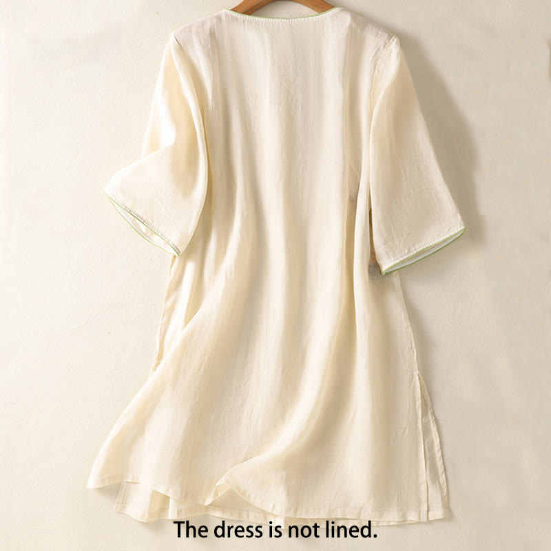 Abito midi Zen in cotone e lino con maniche a mezza manica, ricamo Buddha Stones , orlo a fiori e design con spacchi - image 7