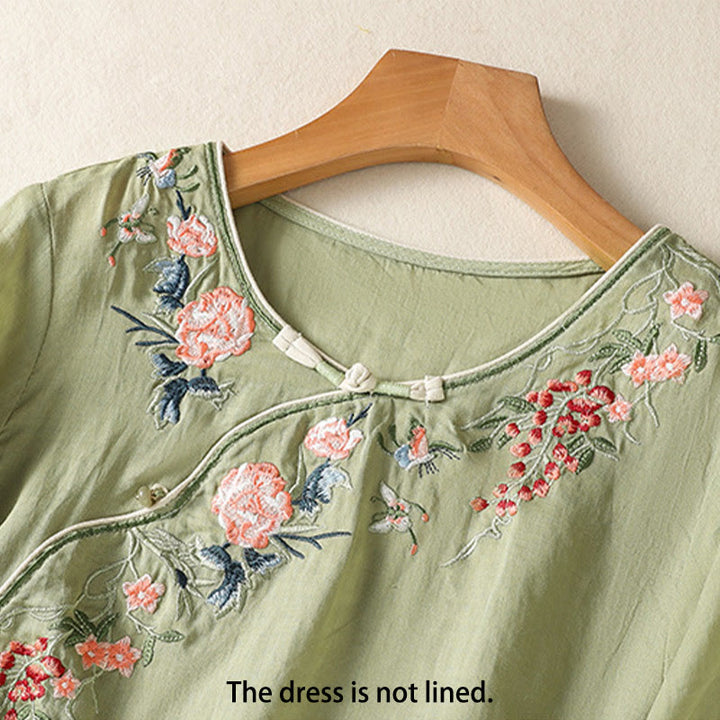 Abito midi Zen in cotone e lino con maniche a mezza manica, ricamo Buddha Stones , orlo a fiori e design con spacchi - image 1