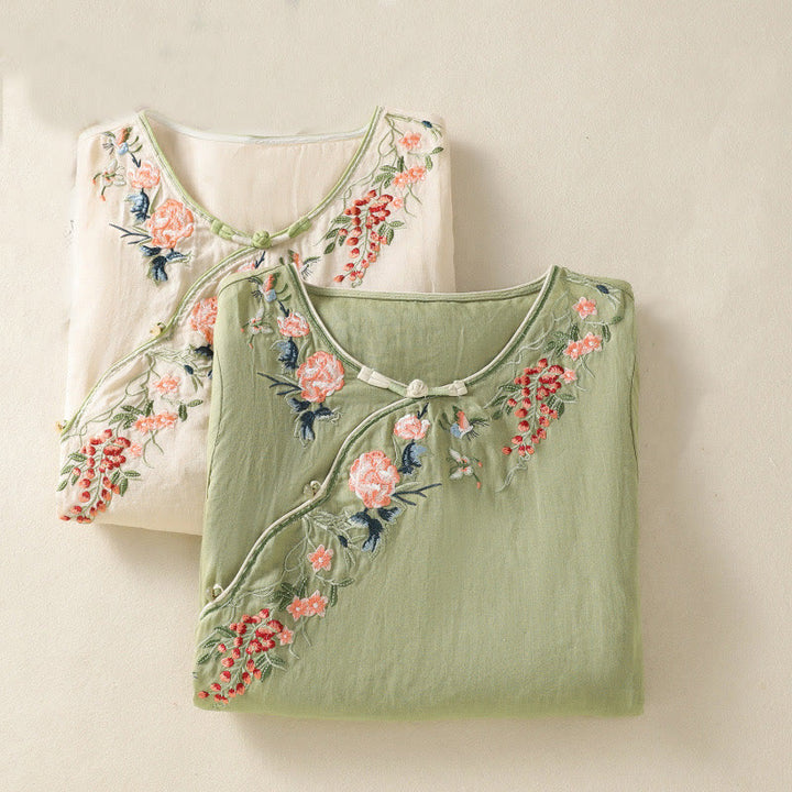 Abito midi Zen in cotone e lino con maniche a mezza manica, ricamo Buddha Stones , orlo a fiori e design con spacchi - image 17