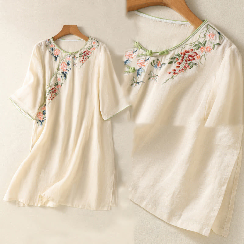 Abito midi Zen in cotone e lino con maniche a mezza manica, ricamo Buddha Stones , orlo a fiori e design con spacchi - image 15