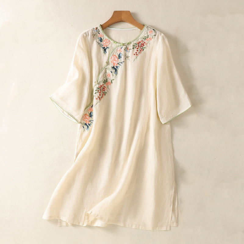 Abito midi Zen in cotone e lino con maniche a mezza manica, ricamo Buddha Stones , orlo a fiori e design con spacchi - Beige - US8-10, UK/AU12-14, EU40-42 (2XL) - image 7