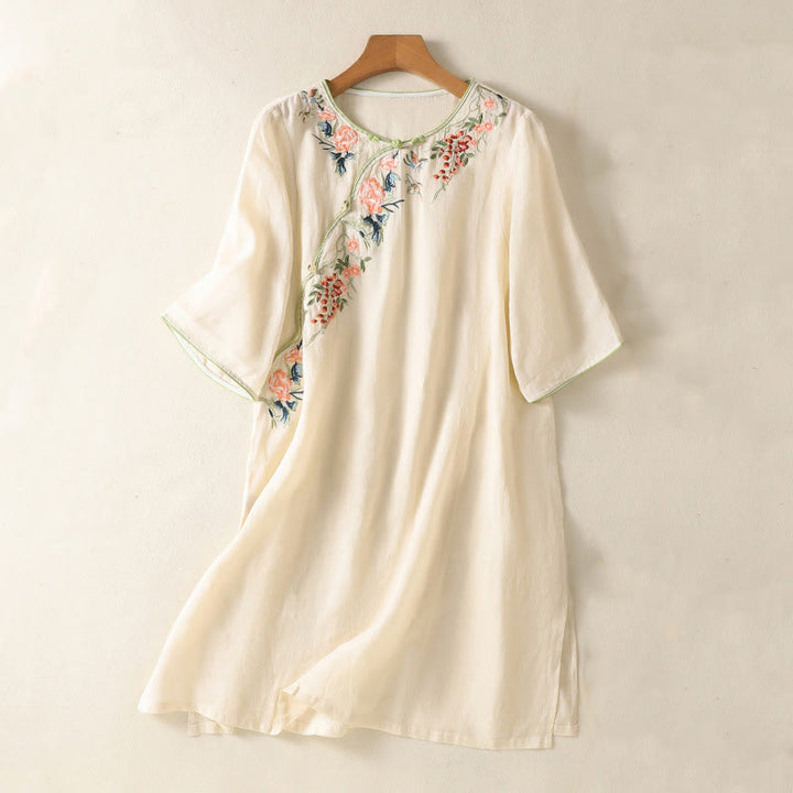 Abito midi Zen in cotone e lino con maniche a mezza manica, ricamo Buddha Stones , orlo a fiori e design con spacchi - Beige - US8-10, UK/AU12-14, EU40-42 (2XL) - image 7