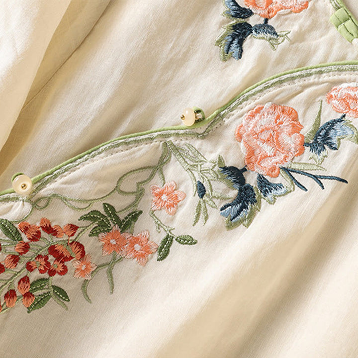 Abito midi Zen in cotone e lino con maniche a mezza manica, ricamo Buddha Stones , orlo a fiori e design con spacchi - image 10