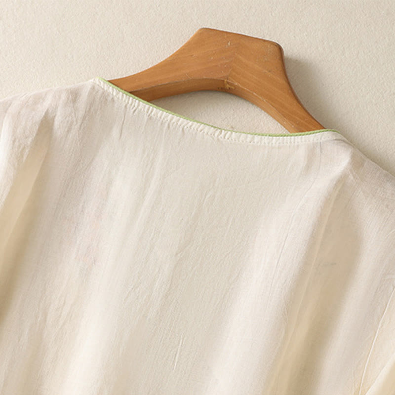 Abito midi Zen in cotone e lino con maniche a mezza manica, ricamo Buddha Stones , orlo a fiori e design con spacchi - image 9