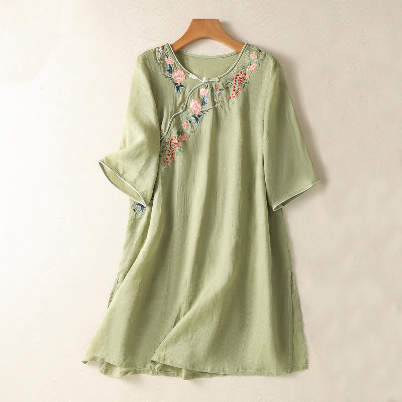 Abito midi Zen in cotone e lino con maniche a mezza manica, ricamo Buddha Stones , orlo a fiori e design con spacchi - Verde chiaro - US8-10, UK/AU12-14, EU40-42 (2XL) - image 0