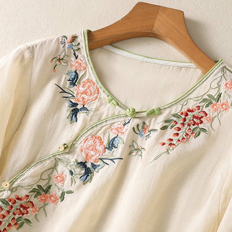 Abito midi Zen in cotone e lino con maniche a mezza manica, ricamo Buddha Stones , orlo a fiori e design con spacchi - image 8