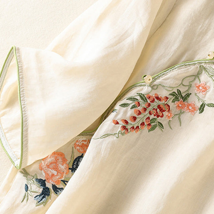 Abito midi Zen in cotone e lino con maniche a mezza manica, ricamo Buddha Stones , orlo a fiori e design con spacchi - image 12