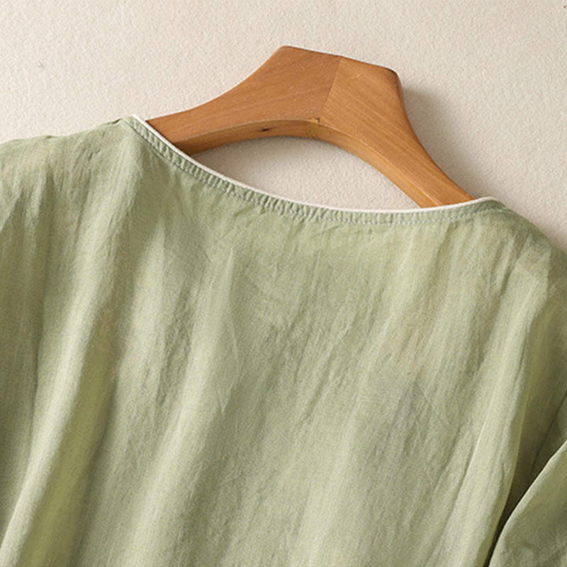 Abito midi Zen in cotone e lino con maniche a mezza manica, ricamo Buddha Stones , orlo a fiori e design con spacchi - image 2