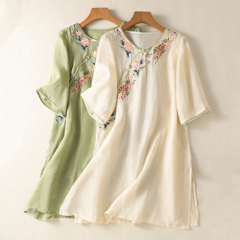 Abito midi Zen in cotone e lino con maniche a mezza manica, ricamo Buddha Stones , orlo a fiori e design con spacchi - image 16