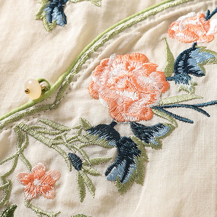 Abito midi Zen in cotone e lino con maniche a mezza manica, ricamo Buddha Stones , orlo a fiori e design con spacchi - image 11