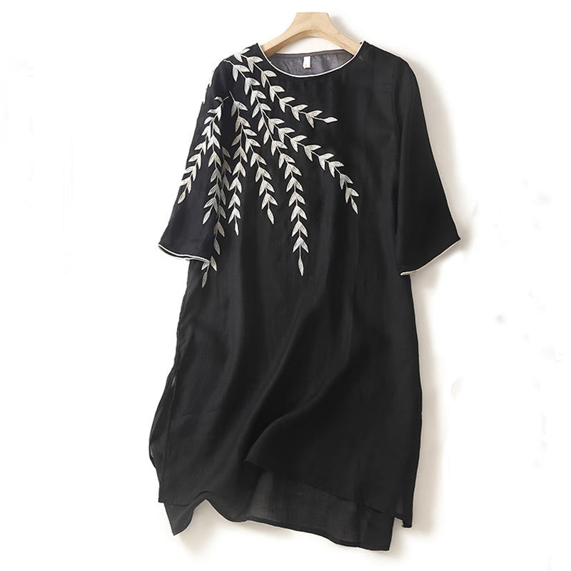 Abito midi in cotone e lino con maniche a tre quarti e ricamo casual Buddha Stones - Nero - US8-10, UK/AU12-14, EU40-42 (2XL) - image 1