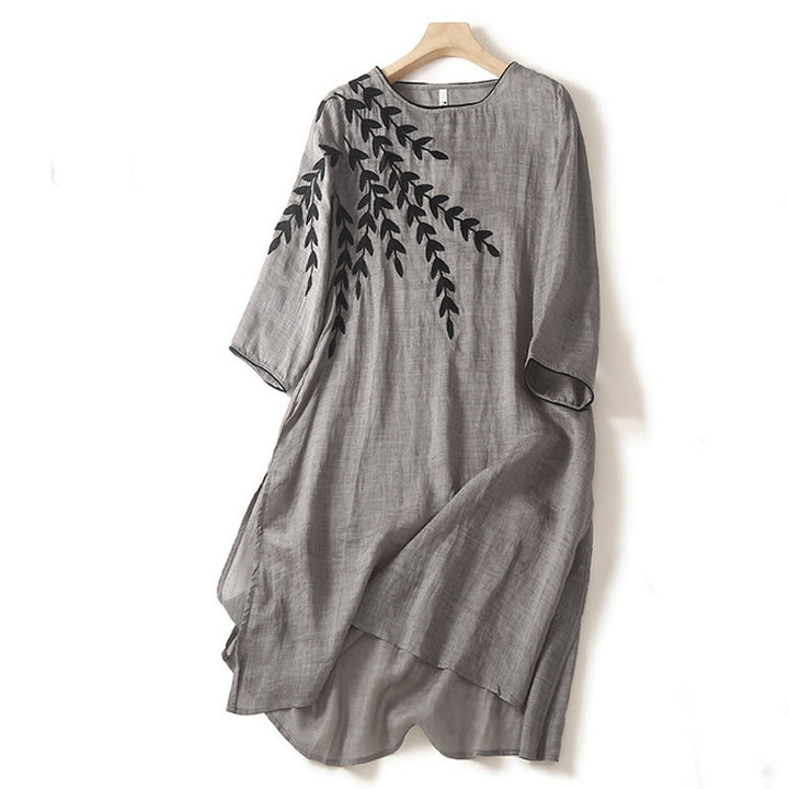 Abito midi in cotone e lino con maniche a tre quarti e ricamo casual Buddha Stones - Grigio scuro - US8-10, UK/AU12-14, EU40-42 (2XL) - image 12