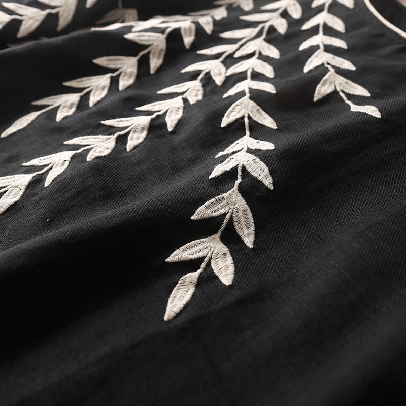 Abito midi in cotone e lino con maniche a tre quarti e ricamo casual Buddha Stones - image 4