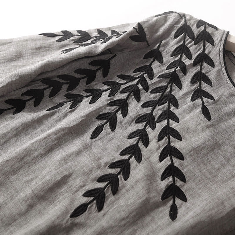 Abito midi in cotone e lino con maniche a tre quarti e ricamo casual Buddha Stones - image 13