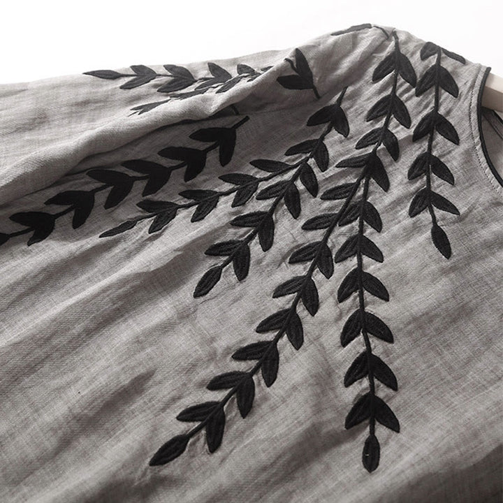 Abito midi in cotone e lino con maniche a tre quarti e ricamo casual Buddha Stones - image 13