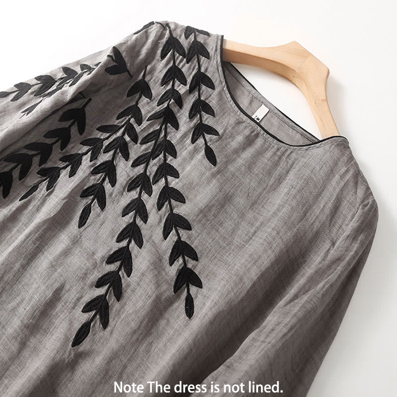 Abito midi in cotone e lino con maniche a tre quarti e ricamo casual Buddha Stones - image 12