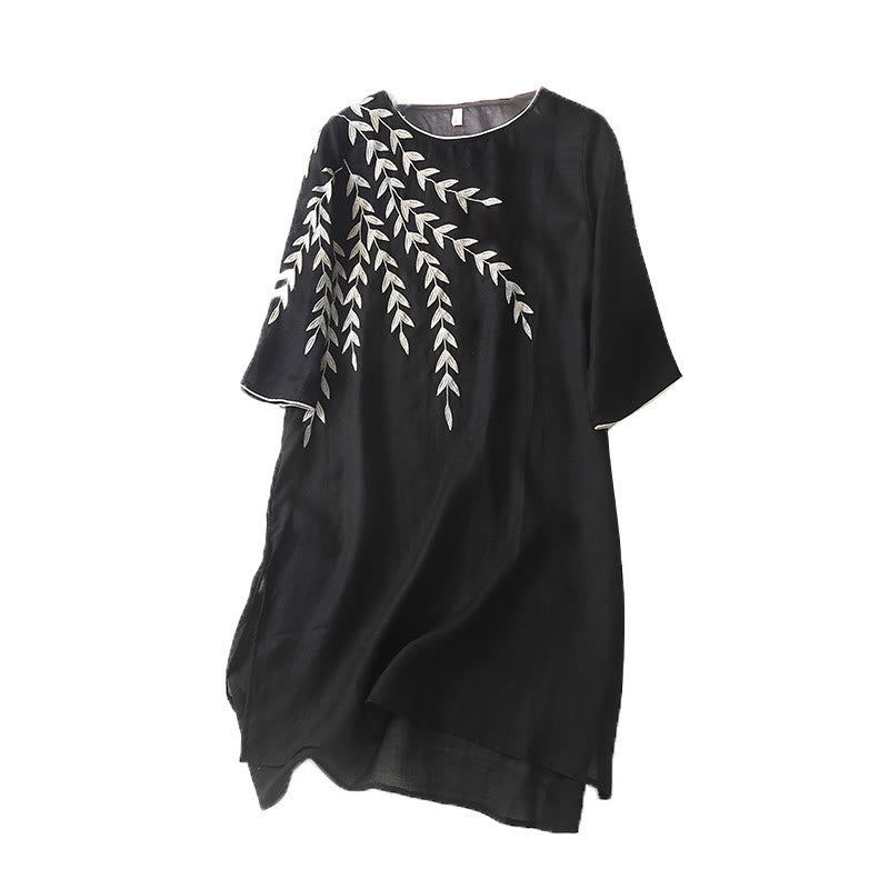 Abito midi in cotone e lino con maniche a tre quarti e ricamo casual Buddha Stones - image 11
