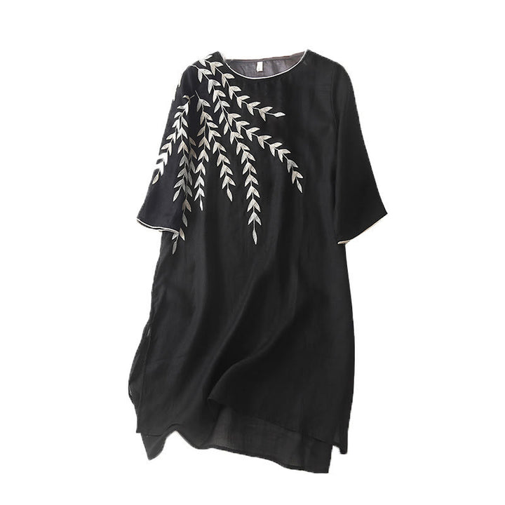 Abito midi in cotone e lino con maniche a tre quarti e ricamo casual Buddha Stones - image 11