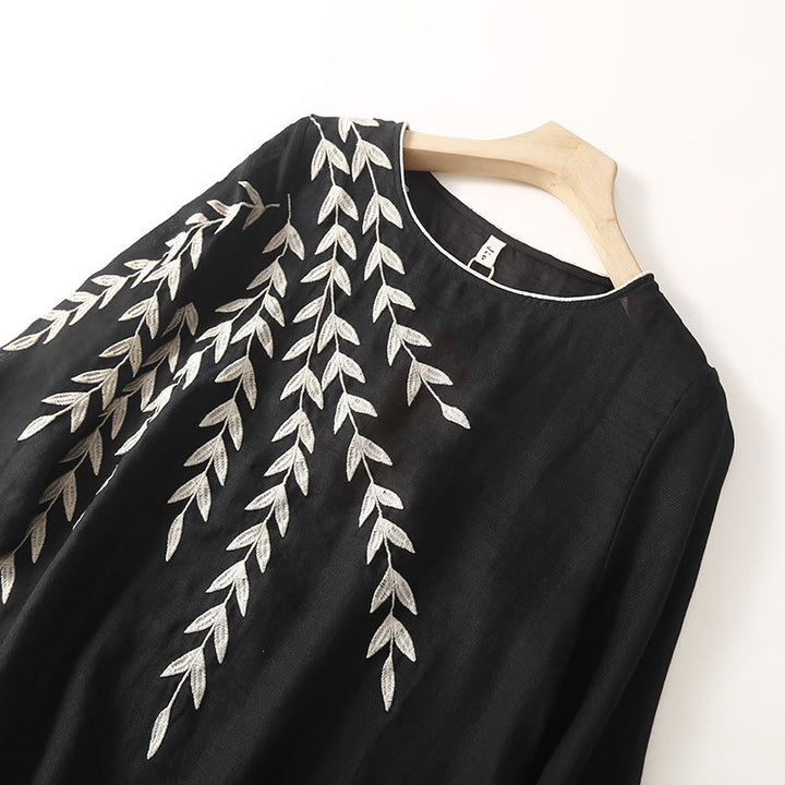 Abito midi in cotone e lino con maniche a tre quarti e ricamo casual Buddha Stones - image 2