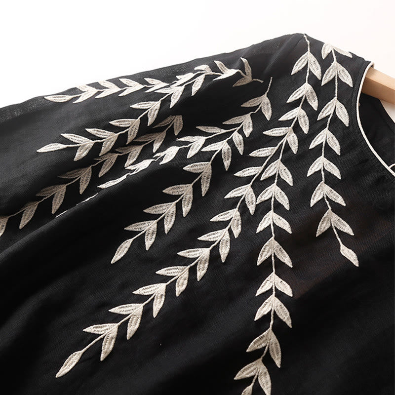 Abito midi in cotone e lino con maniche a tre quarti e ricamo casual Buddha Stones - image 3