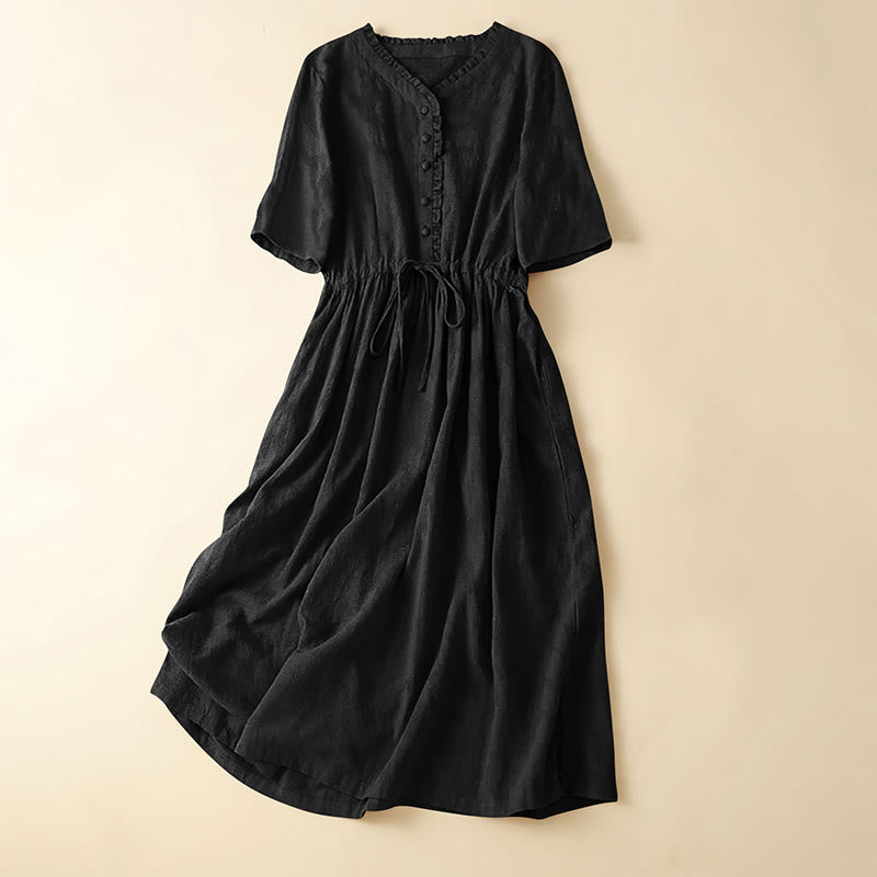 Abito midi in cotone e lino con tasche, motivo plissettato, coulisse e jacquard estivo Buddha Stones - Nero - US14, UK/AU18, EU46 (2XL) - image 16