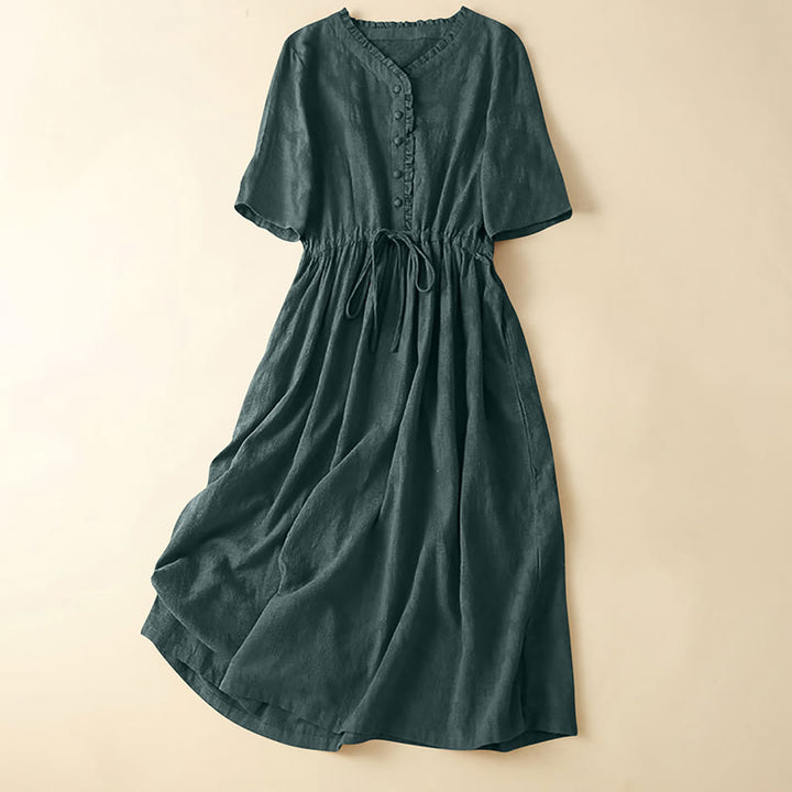 Abito midi in cotone e lino con tasche, motivo plissettato, coulisse e jacquard estivo Buddha Stones - Verde scuro - US14, UK/AU18, EU46 (2XL) - image 4