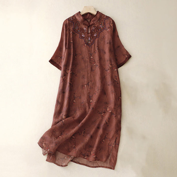 Abito midi cheongsam in lino e cotone con tasche, ricamo retrò con Buddha Stones e bottoni a rana - Mattoni refrattari - US8-10, UK/AU12-14, EU40-42 (2XL) - image 8