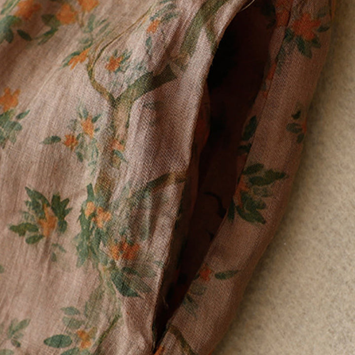 Abito midi cheongsam in lino e cotone con tasche, ricamo retrò con Buddha Stones e bottoni a rana - image 6