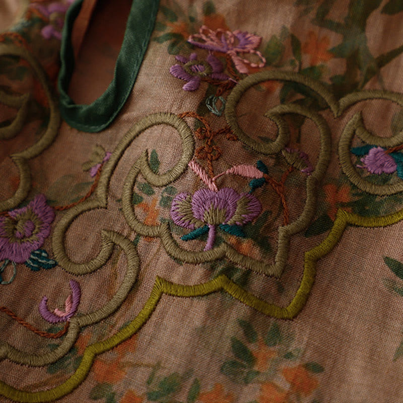 Abito midi cheongsam in lino e cotone con tasche, ricamo retrò con Buddha Stones e bottoni a rana - image 4