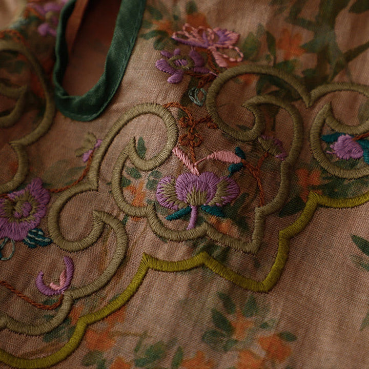 Abito midi cheongsam in lino e cotone con tasche, ricamo retrò con Buddha Stones e bottoni a rana - image 4
