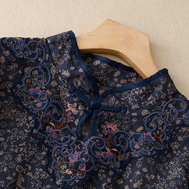 Abito midi cheongsam in lino e cotone con tasche, ricamo retrò con Buddha Stones e bottoni a rana - image 14