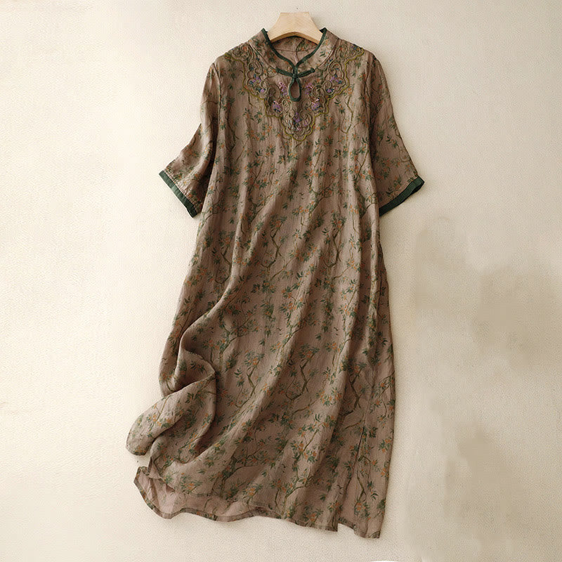 Abito midi cheongsam in lino e cotone con tasche, ricamo retrò con Buddha Stones e bottoni a rana - Cachi scuro - US8-10, UK/AU12-14, EU40-42 (2XL) - image 1