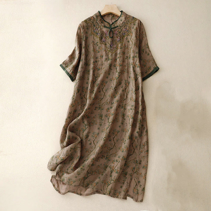 Abito midi cheongsam in lino e cotone con tasche, ricamo retrò con Buddha Stones e bottoni a rana - Cachi scuro - US8-10, UK/AU12-14, EU40-42 (2XL) - image 1