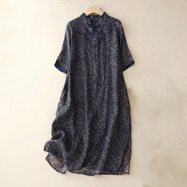 Abito midi cheongsam in lino e cotone con tasche, ricamo retrò con Buddha Stones e bottoni a rana - Blu notte - US8-10, UK/AU12-14, EU40-42 (2XL) - image 12