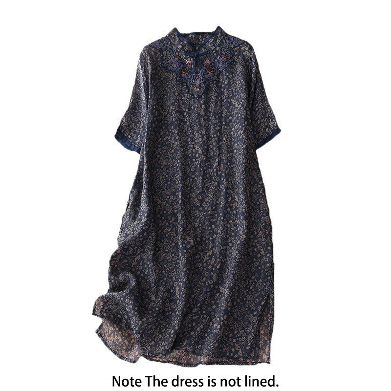 Abito midi cheongsam in lino e cotone con tasche, ricamo retrò con Buddha Stones e bottoni a rana - image 13
