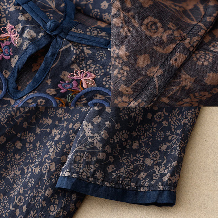 Abito midi cheongsam in lino e cotone con tasche, ricamo retrò con Buddha Stones e bottoni a rana - image 15